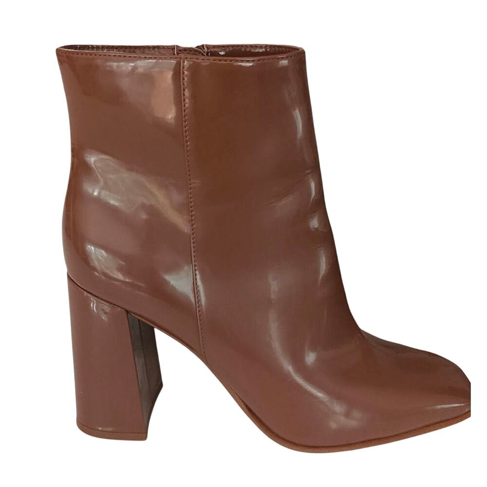 J Lo Cognac chunky block heel boots sz 10 square toe zip closure glam regency